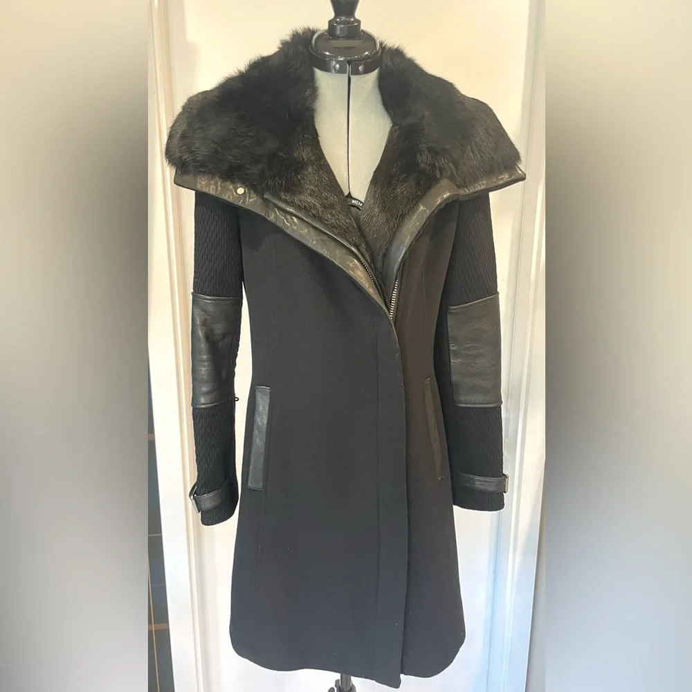 Andrew Marc Wool&Cashmere coat, leather trim, real fur collar, sz2, $695, NWOT - Picture 3 of 16